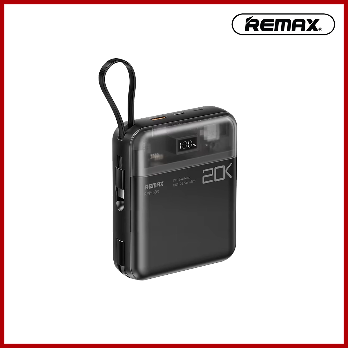 REMAX Sucha Pro Series PD 20W+QC 22.5W Power Bank with 2 Fast Charging Cables 20000mAh RPP-603 BLACK