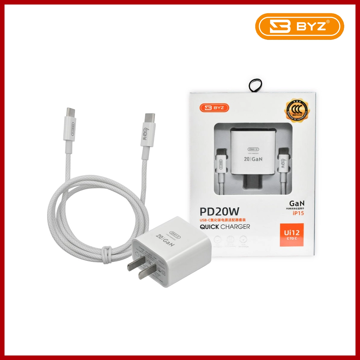 BYZ iPhone 15 USB-C Fast Charger PD20 Ui12 White