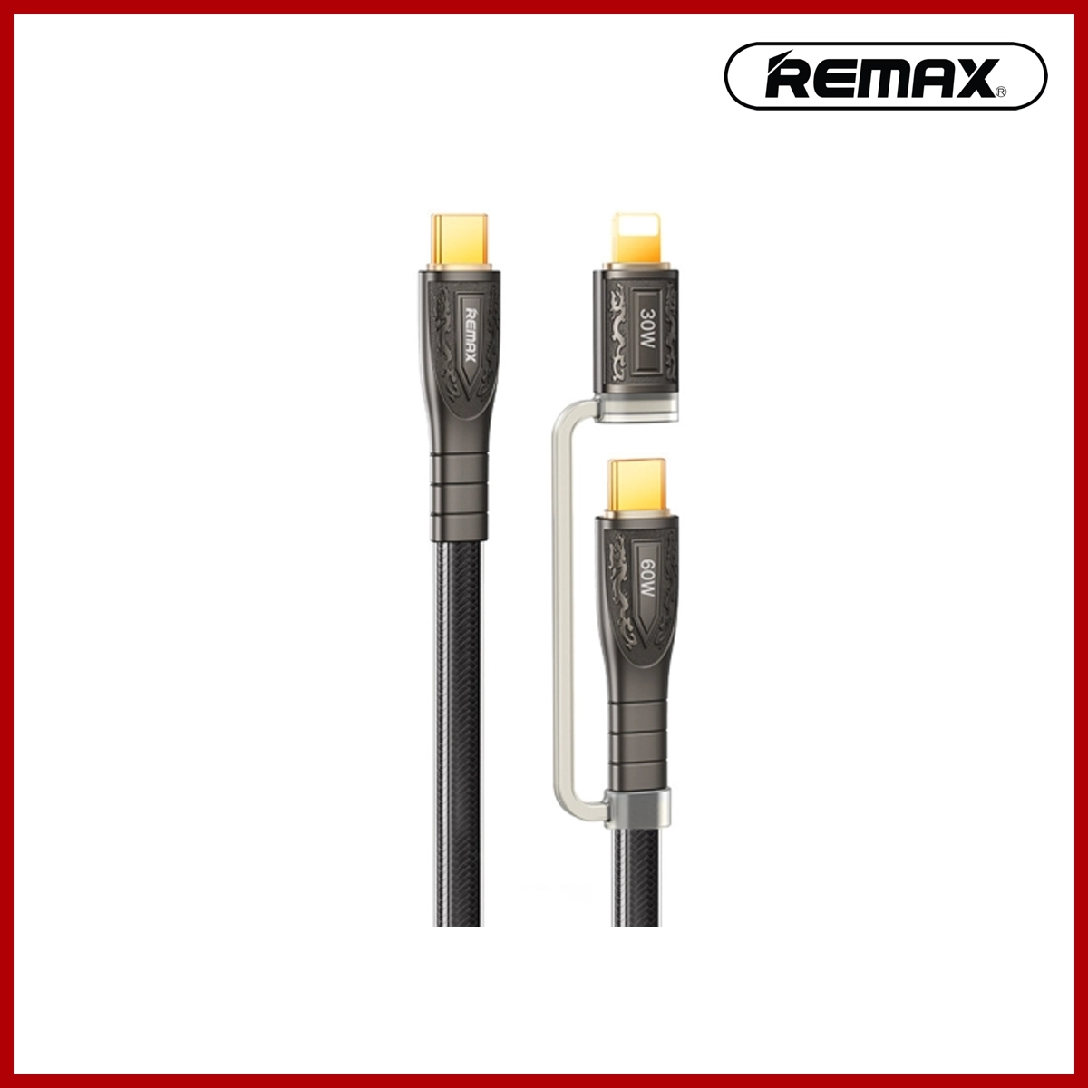 REMAX Prime Series 60W 2- in-1 Zinc Alloy Dual-color Braided Fast Charging Data Cable RC-C165 C-C+L 1.2M Black