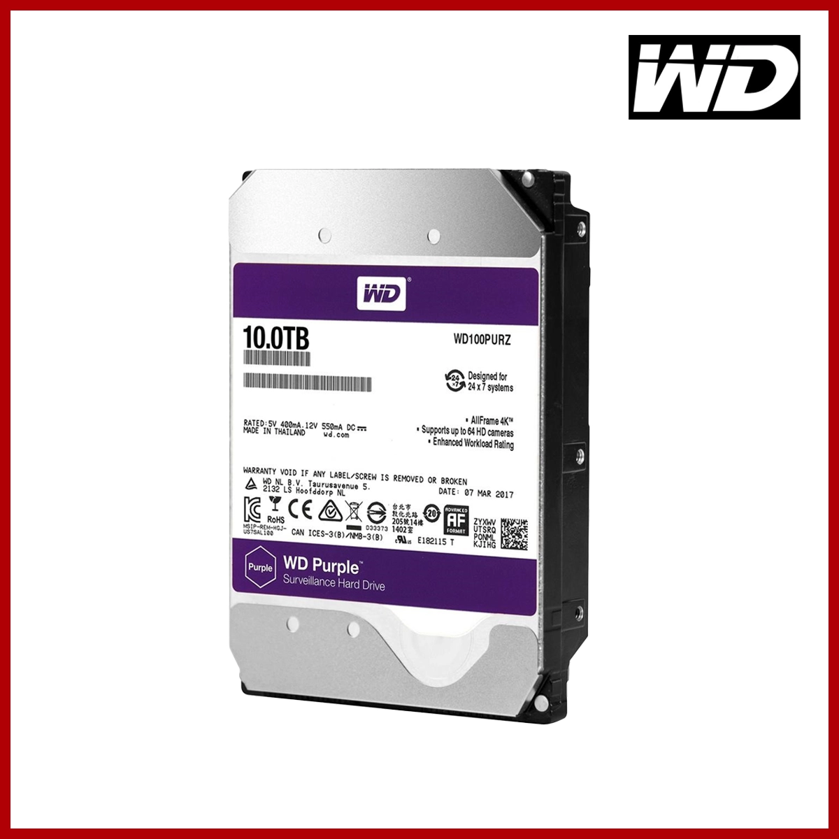 WD Purple Surveillance Hard Disk Drive 10TB 3.5" HDD (Refurbished)