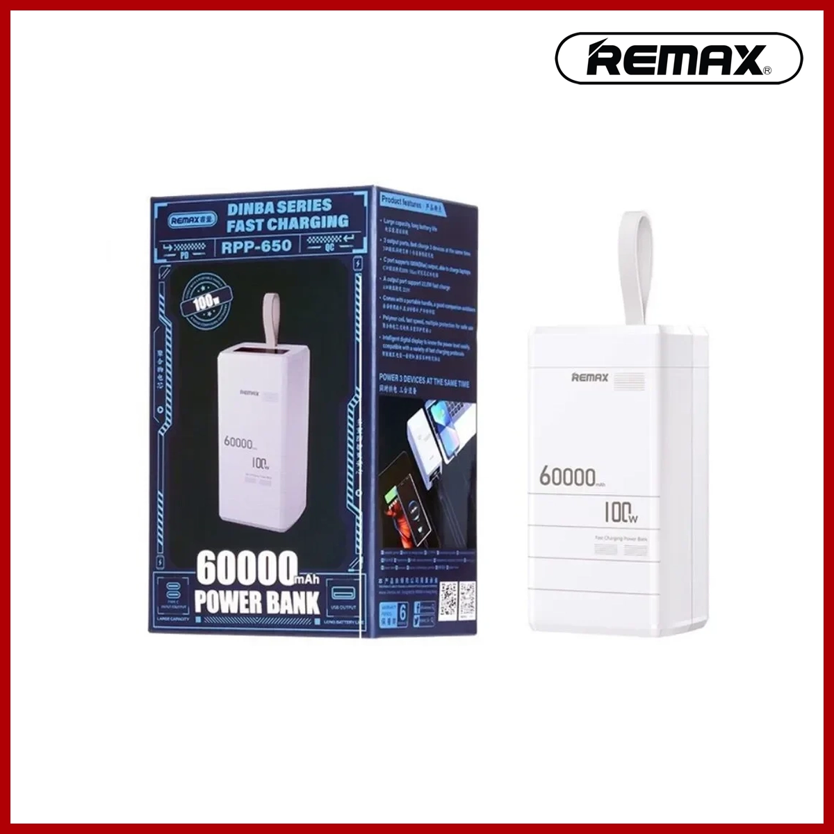 REMAX Dinba Series 100W PD+QC Fast Charging Power Bank 60000mAh RPP-650 WHITE