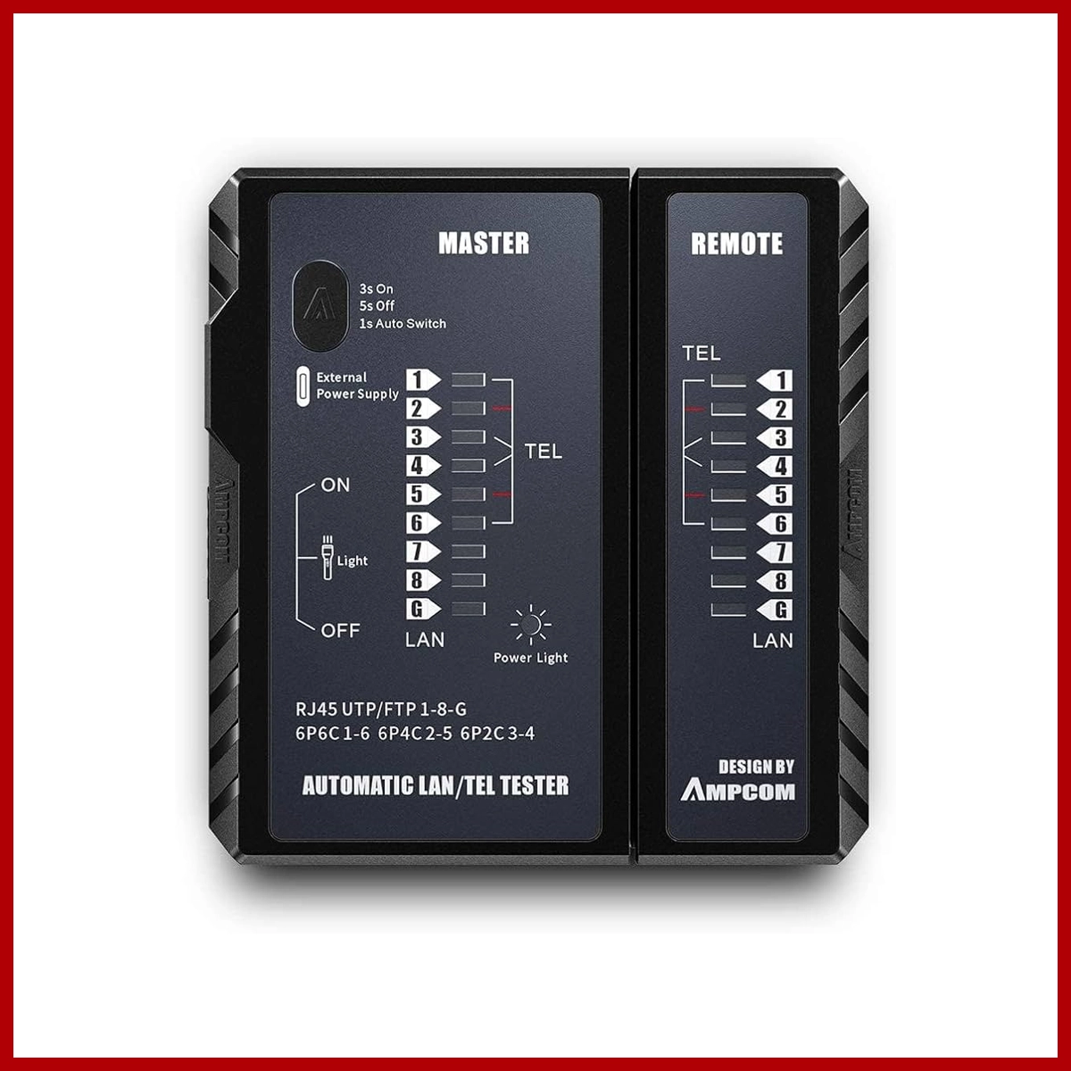 AMPCOM Network Cable Tester for RJ45/RJ11/RJ12/8P8C/6P6C/6P4C/6P2C/CAT5e/CAT6/CAT6A/CAT7/CAT8 UTP/STP Wire Test Tool (Black)