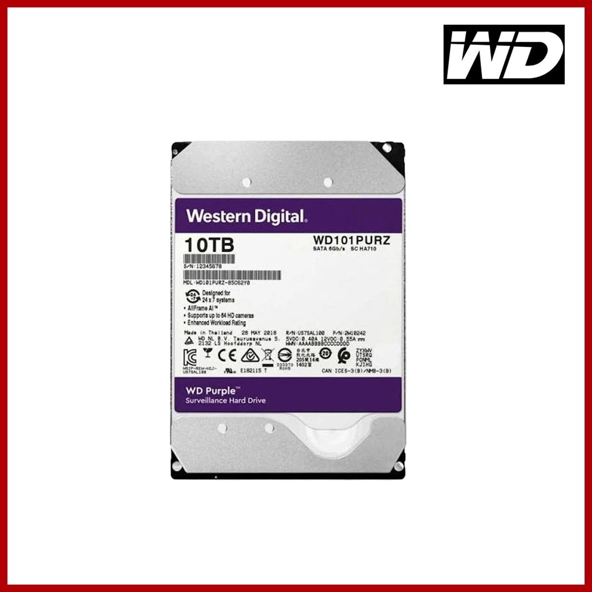 WD Purple Surveillance Hard Disk Drive 10TB 3.5" HDD (Refurbished)