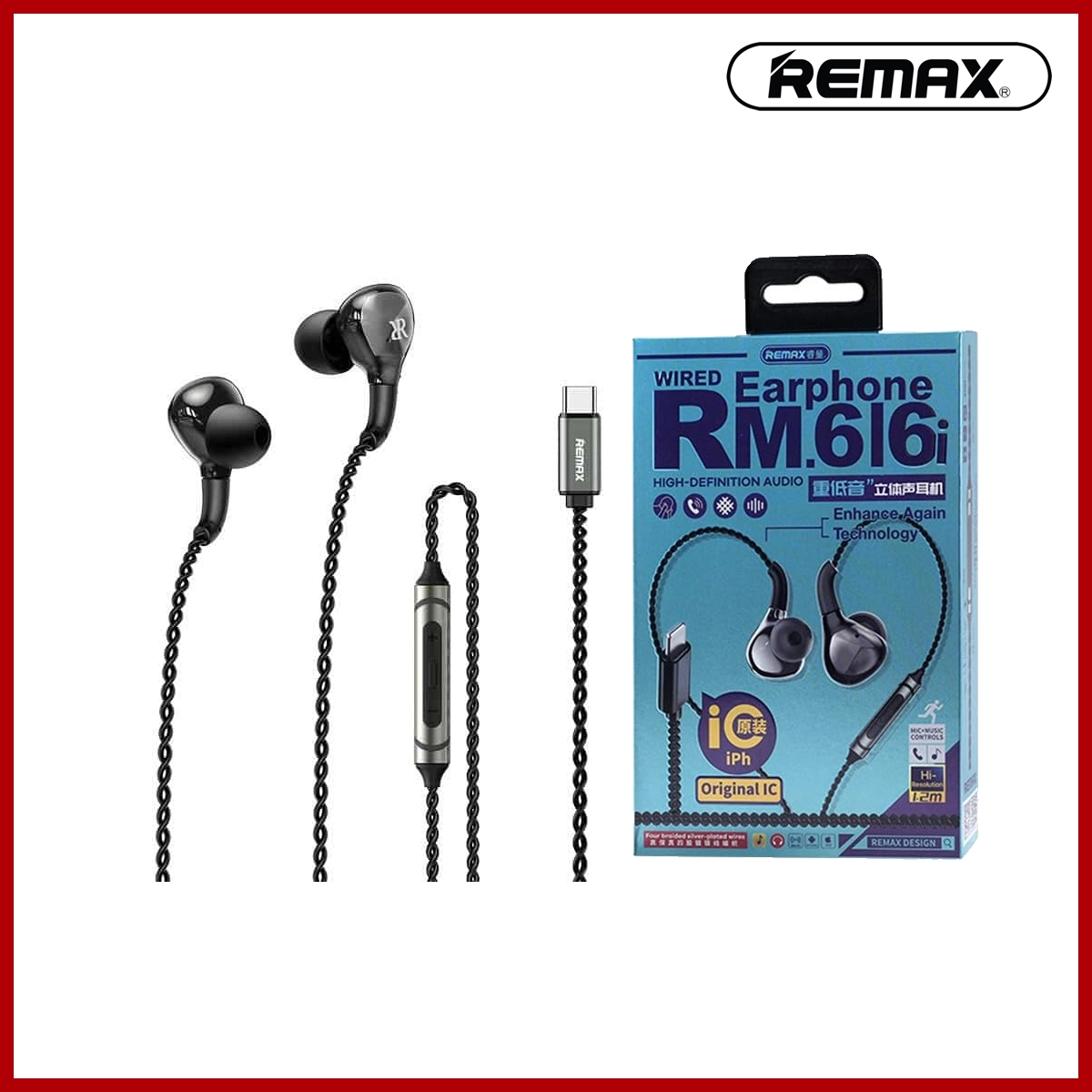 REMAX Metal Wired Earphone for Music & Call RM-616i（Original iPhone Chip, plug and play) Black